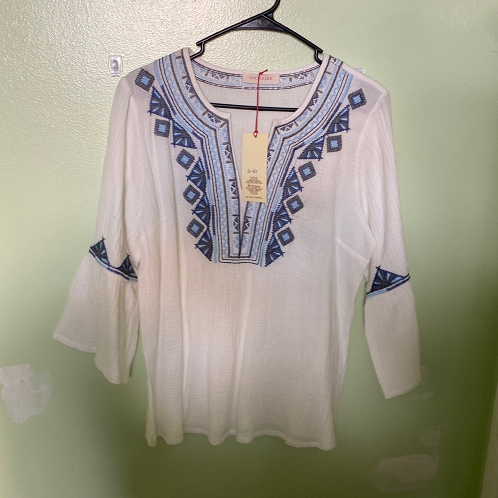 Boho Blouse, Embroidered Blue-on-White, NWOT